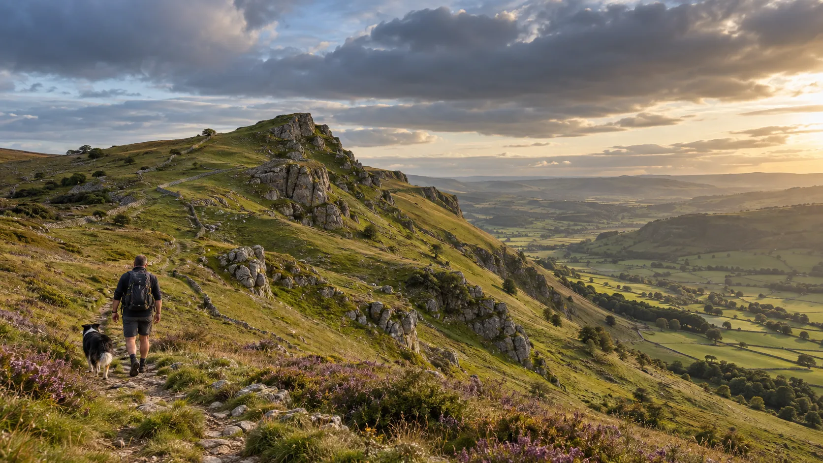 Nick and Ember on a rocky path along a limestone ridge, above a green valley at golden hour.